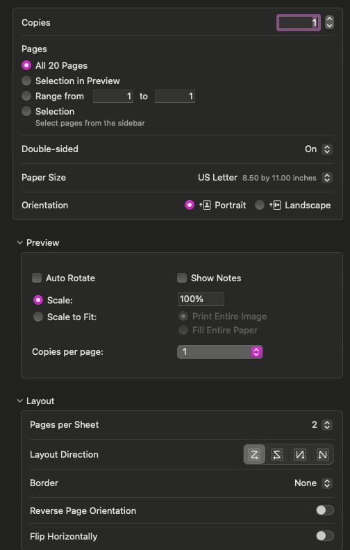 Screenshot showing print dialog with correct settings for zine printing